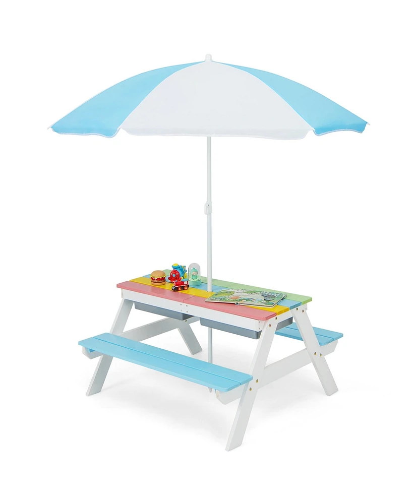 3-in-1 Kids Picnic Table Wooden Outdoor Sand & Water w/Umbrella Play Box es