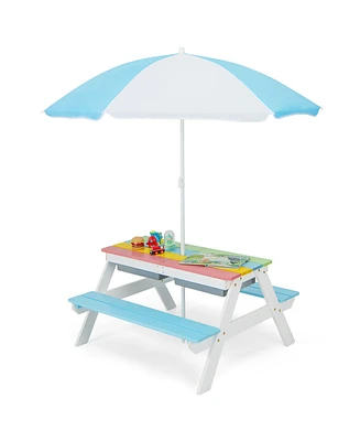3-in-1 Kids Picnic Table Wooden Outdoor Sand & Water w/Umbrella Play Box es