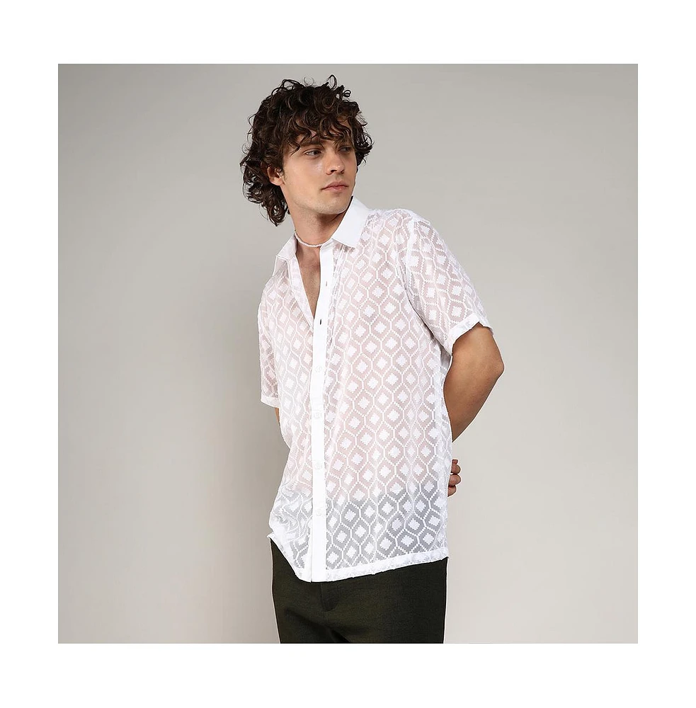 Men's Chalk White Self-Design Cubic Shirt