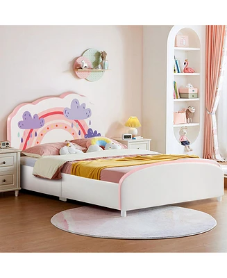 Kids Upholstered Platform Bed Children Twin Size Wooden Bed Rainbow Pattern