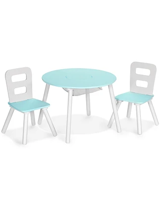 Kids Wooden Round Table & 2 Chair Set w/ Center Mesh Storage