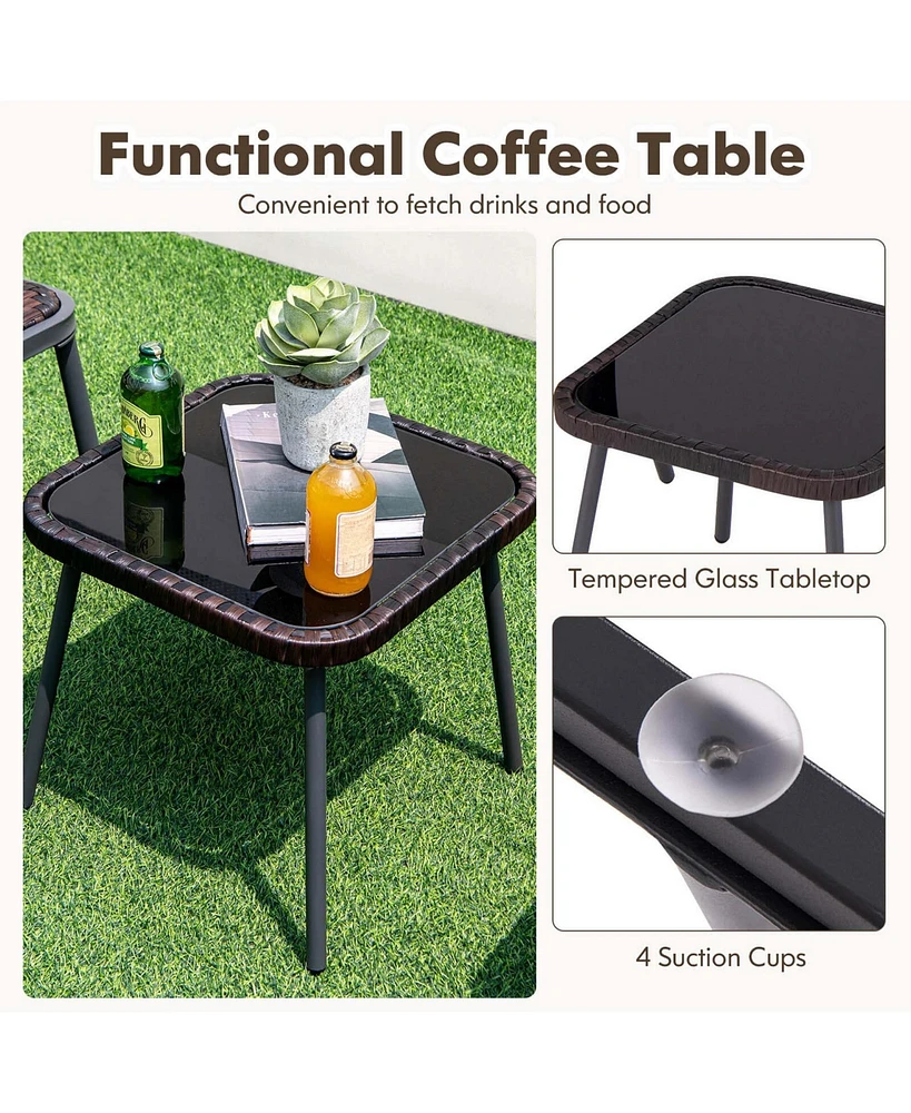 3 Pcs Patio Rattan Furniture Set with Tempered Glass Tabletop Wicker Seat