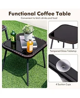 3 Pcs Patio Rattan Furniture Set with Tempered Glass Tabletop Wicker Seat