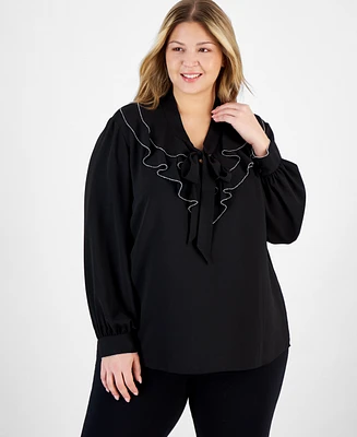 Kasper Plus Size Beaded Ruffle-Neck Long-Sleeve Blouse