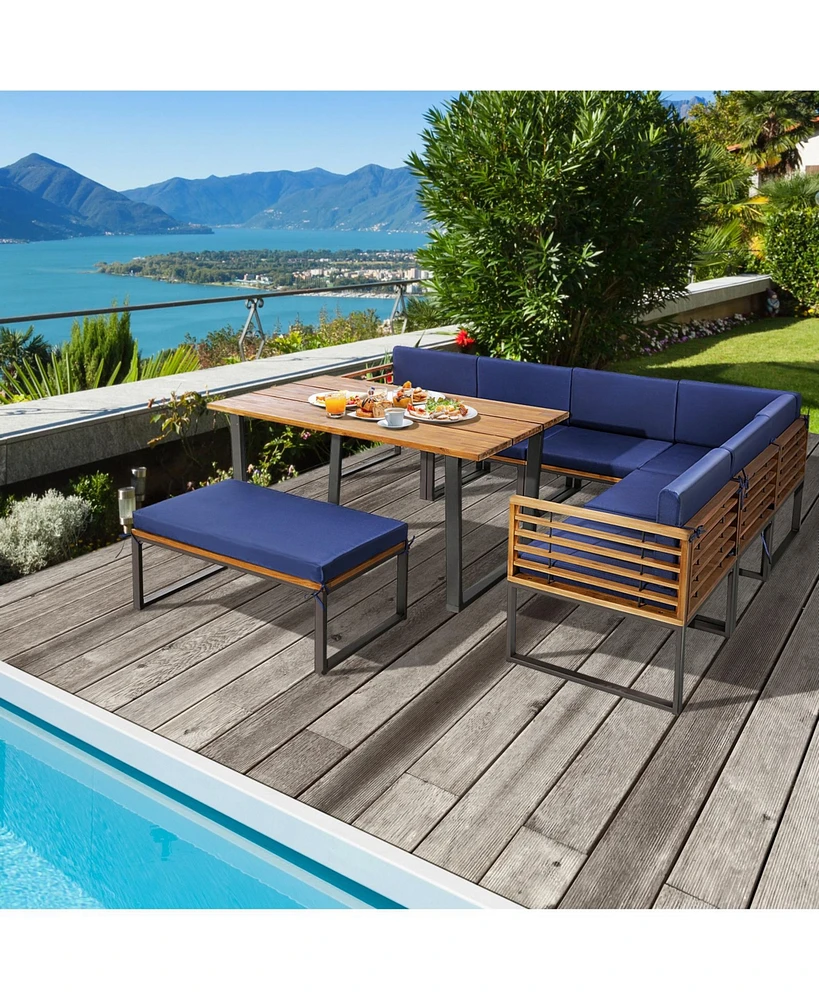 Sugift 8 Pieces Patio Acacia Wood Dining Table Set with Ottoman Cushions