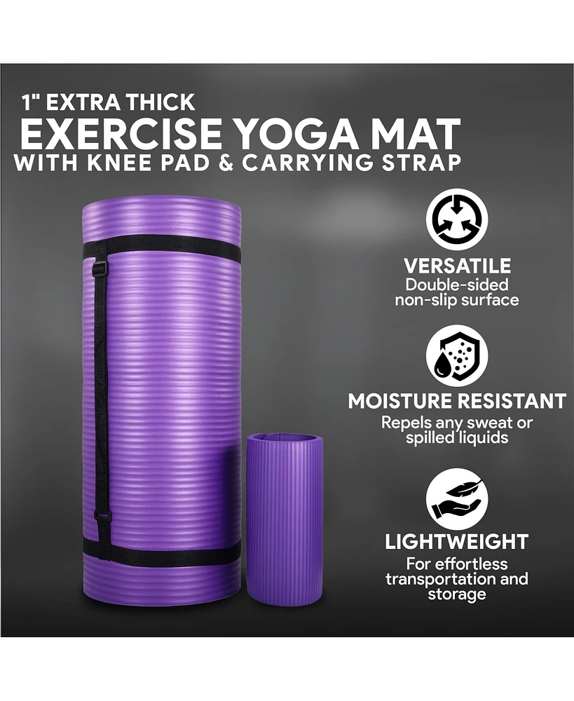 BalanceFrom Fitness 1" Extra Thick Yoga Mat w/Knee Pad & Carrying Strap, Purple