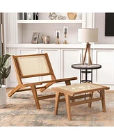 1 Pcs Ottoman Footstool Natural Teak Wooden Foot Rest with Handwoven Rattan Indoor