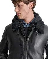 Dkny Men's Faux Leather Jacket with Removable Faux Fur Bib
