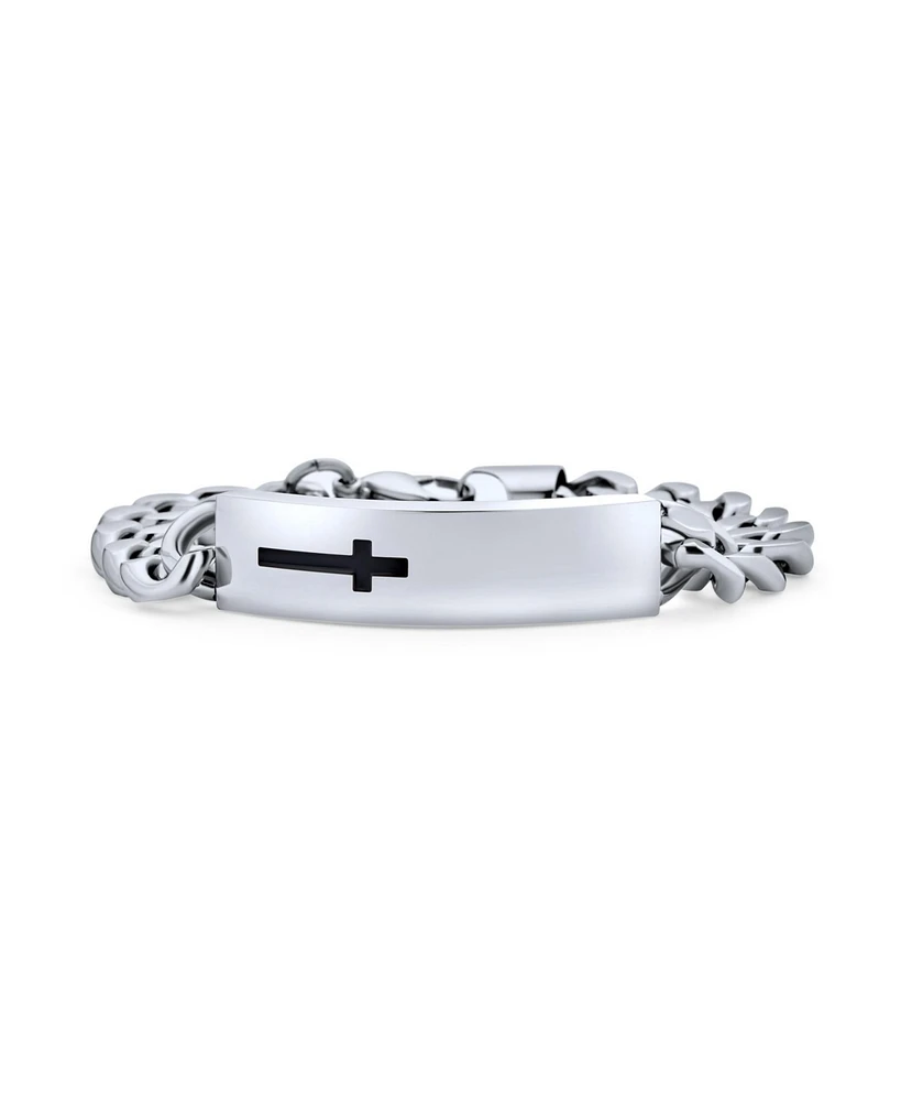 Bling Jewelry Name Plated Religious Side Ways Cross Identification Id Bracelet Curb Stainless Steel