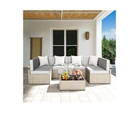 Gray 7-Piece Wicker Outdoor Sectional Set with Coffee Table and Gray Cushions