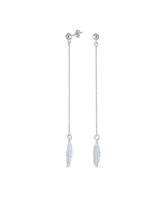 Bling Jewelry Boho Minimalist Long Thin Linear Beaded Ball Chain Feather Leaf Dangle Earrings Western Jewelry .925 Sterling Silver