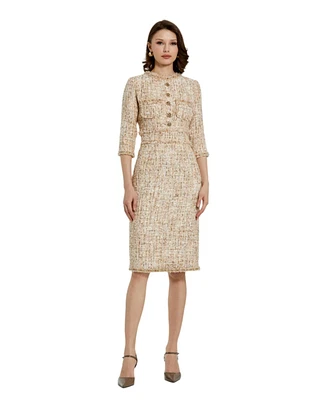 Mac Duggal Women's 3/4 Sleeve Beaded Trim Patch Pocket Dress
