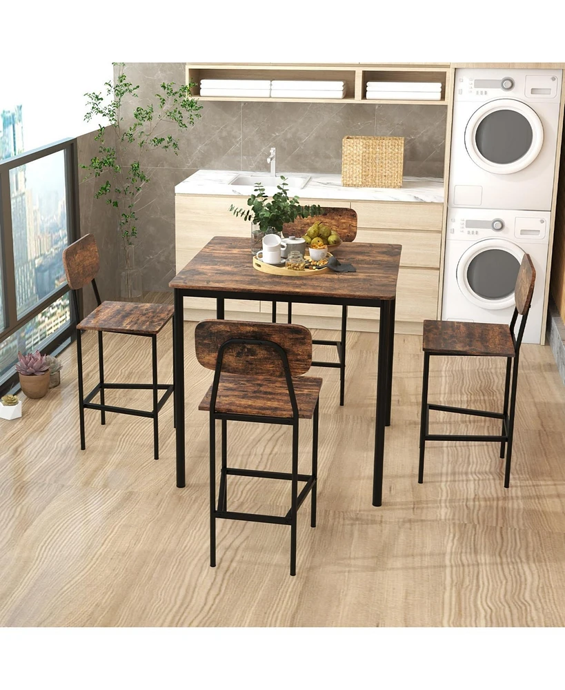 5-Piece Industrial Dining Table Set with Counter Height and 4 Bar Stools-Walnut