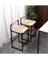Set of 2 Bar Stools with Back Paper Rope Woven Counter Height Dining Chairs for Kitchen