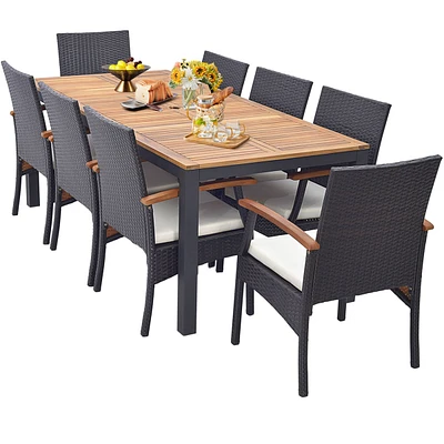Costway 9 Pcs Patio Rattan Dining Set with Acacia Wood Table, Cushions, 1.9" Umbrella Hole