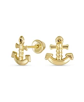 Bling Jewelry Petite Small Tropical Beach Vacation Honeymoon Simple Nautical Boat Anchor Screw Back Stud Earrings Yellow 14K Gold