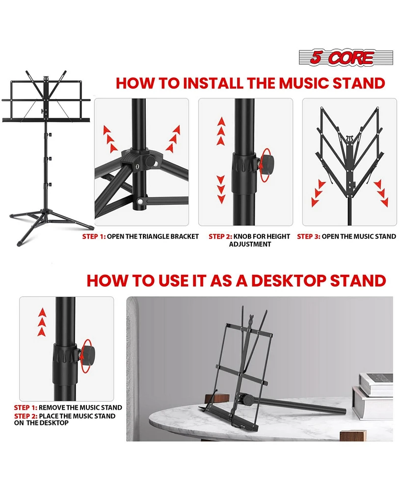 5Core Music Stand For Sheet Music Portable Tripod Adjustable Folding Note Holder