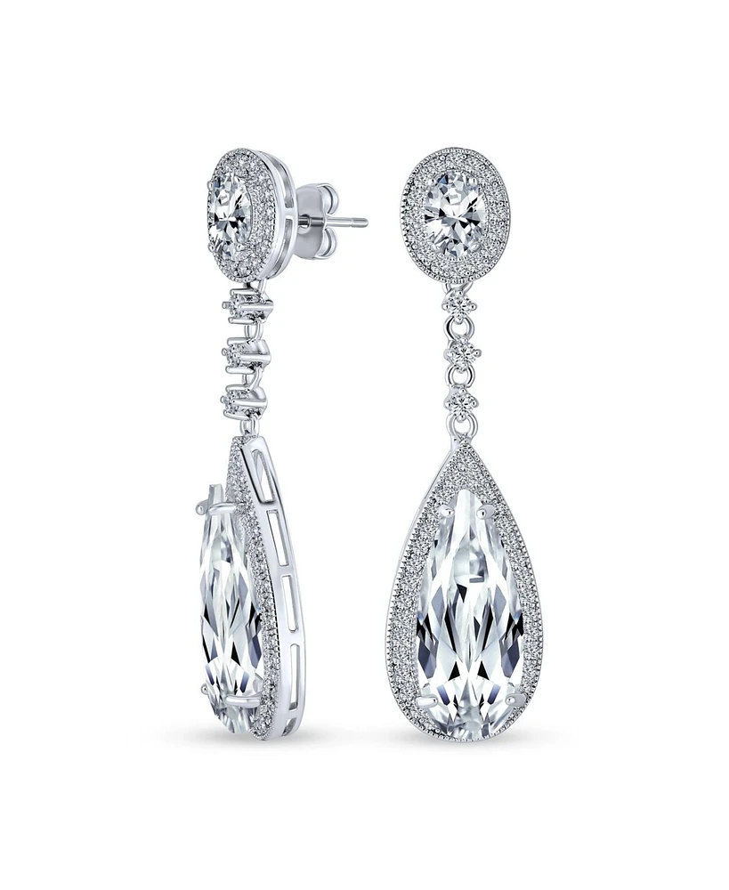 Bling Jewelry Classic Estate Art Deco Style Halo Linear Long Cz Statement Dangle Teardrop Chandelier Earrings Prom Party Jewel Colors Silver P