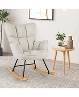 Linen Nursery Rocking Chair with High Backrest Padded Armrests & Seat for Nursery Light