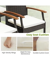 2PCS Patio Pe Wicker Chairs Acacia Wood Armrests with Soft Zippered Cushion Balcony