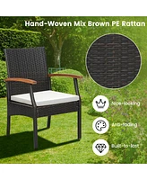 4PCS Patio Pe Wicker Chairs Acacia Wood Armrests with Soft Zippered Cushion Balcony