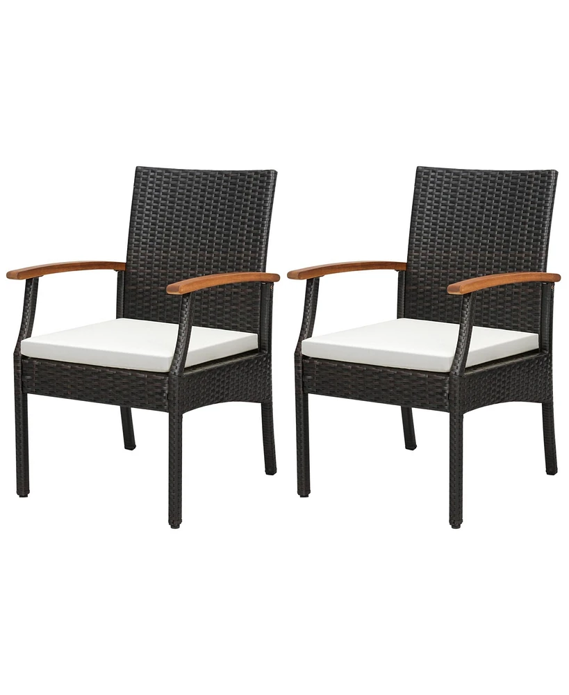 2PCS Patio Pe Wicker Chairs Acacia Wood Armrests with Soft Zippered Cushion Balcony