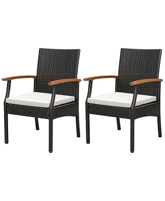 2PCS Patio Pe Wicker Chairs Acacia Wood Armrests with Soft Zippered Cushion Balcony