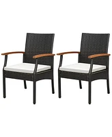 2PCS Patio Pe Wicker Chairs Acacia Wood Armrests with Soft Zippered Cushion Balcony