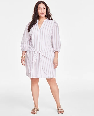 On 34th Trendy Plus Cotton Striped Tie-Waist Shirtdress, Exclusively at Macy's