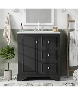 30-Inch bathroom vanity cabinet with ceramic basin, 3 drawers and adjustable shelves