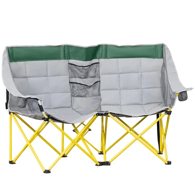 Loveseat Style Camping Chair, Oversized Folding Lawn Chair with Carry Bag & Cup Holders, for Outdoor, Beach, Picnic, Hiking, Travel, Green & Gray