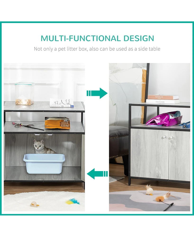 Wooden Cat Litter Box Enclosure, Hidden Kitten Washroom, Indoor End Table with Magnetic Doors & Storage Shelves, Gray
