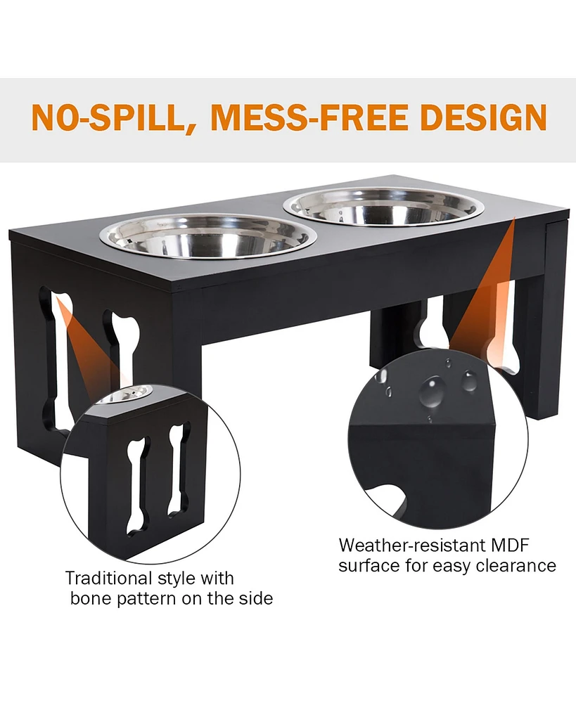 23" Modern Decorative Dog Bone Wooden Heavy Duty Pet Food Bowl Elevated Feeding Station - Black