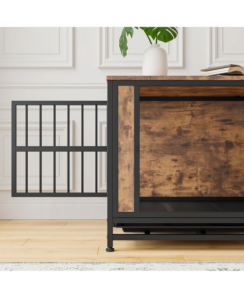 Dog Crate Furniture, Wooden Dog Crate Table, 27.48" Dog Kennel with 2 Sliding Doors and Thick Iron Door Frame, Decorative Pet Crate House for Sma