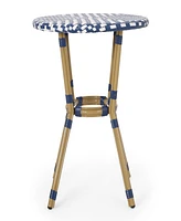 Outdoor Aluminum 3 Piece French Bistro Set, Navy Blue, White, With Bamboo Finish