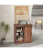 Farmhouse Coffee Bar Cabinet, 33" Buffet Sideboard with Sliding Barn Door and Adjustable Shelf, Kitchen Buffet Cabinet, Brown