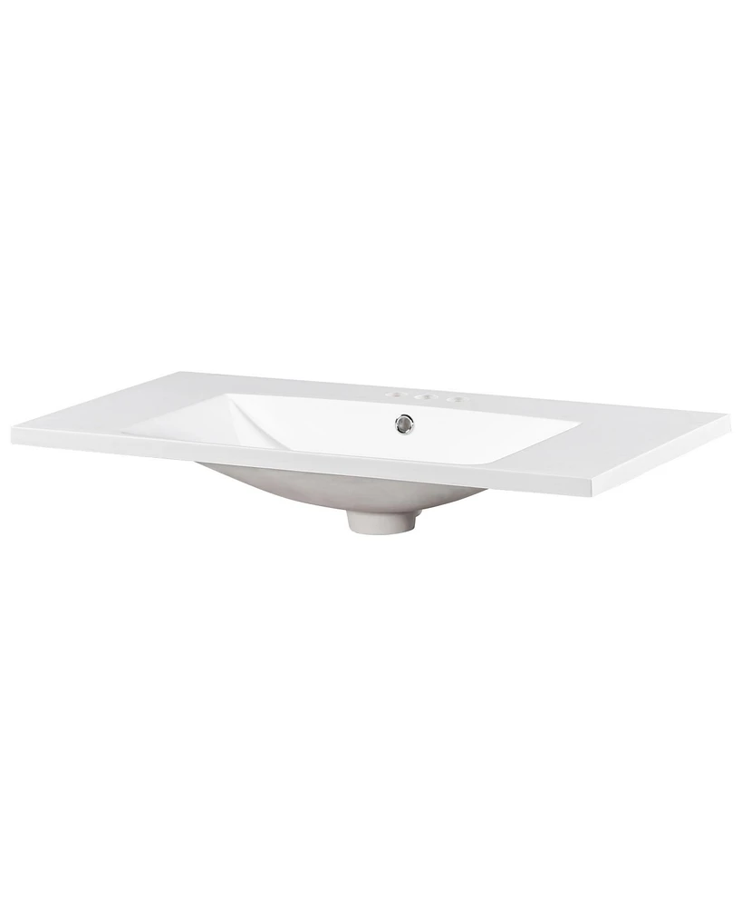36" Single Bathroom Basin Sink, Vanity Top Only, 3-Faucet Holes, Resin