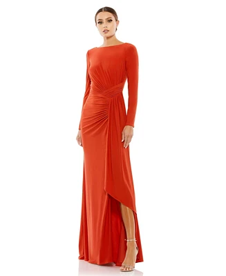 Women's Ruched Long Sleeve Boat Neck Gown