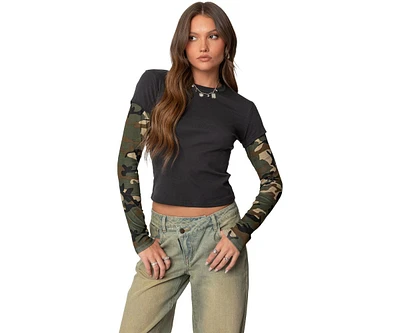 Edikted Womens Camo Layered Long Sleeve T Shirt