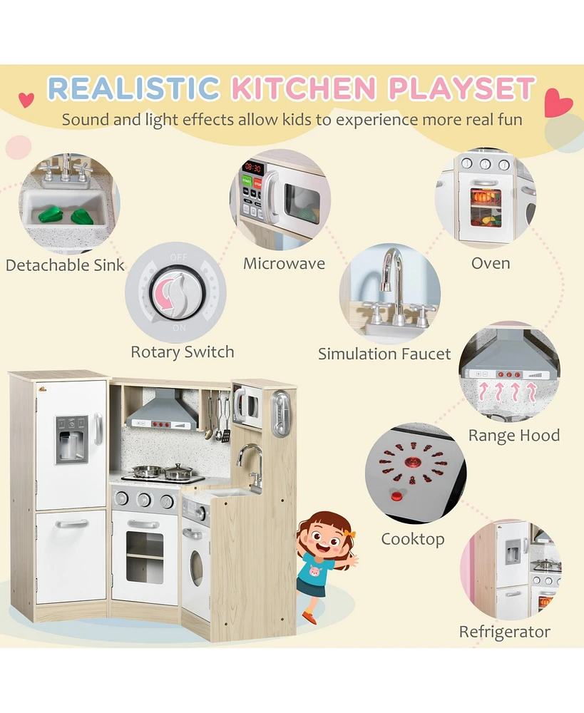 Streamdale Furniture Ultra-Big Corner Kids Kitchen Playset with Sound Effects, Wooden Play Kitchen with Stainless Steel Cooking Toys, Imaginative Pret