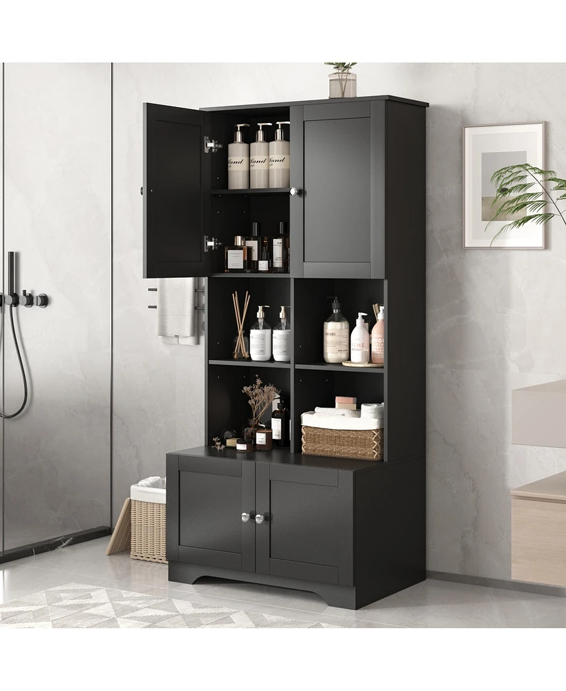 Tall and Wide Bathroom Floor Storage Cabinet, Bathroom Storage Unit, Freestanding Cabinet with 4 Doors, Adjustable Shelves, Open multi-layer Shelves