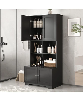 Tall and Wide Bathroom Floor Storage Cabinet, Bathroom Storage Unit, Freestanding Cabinet with 4 Doors, Adjustable Shelves, Open multi-layer Shelves