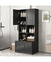 Tall and Wide Bathroom Floor Storage Cabinet, Bathroom Storage Unit, Freestanding Cabinet with 4 Doors, Adjustable Shelves, Open multi-layer Shelves