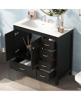 36" Black Bathroom Vanity with Ceramic Sink Combo, Abundant Storage Cabinet -2 Soft close doors and 5 drawers