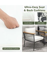 3 Pcs Patio Furniture Set with 2-Tier Coffee Table Acacia Wood Armrests Tabletop