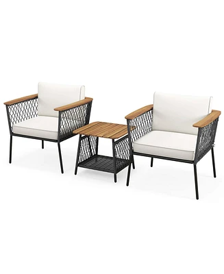 3 Pcs Patio Furniture Set with 2-Tier Coffee Table Acacia Wood Armrests Tabletop