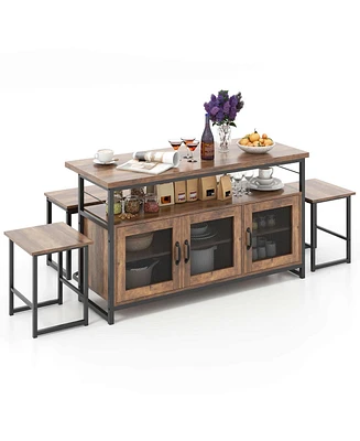 4 Pcs Kitchen Island Set with Bench and Storage Heavy-duty Metal Frame Shelves