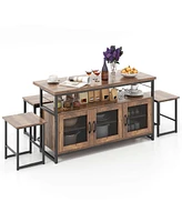 4 Pcs Kitchen Island Set with Bench and Storage Heavy-duty Metal Frame Shelves