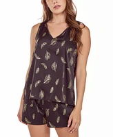 iCollection Women's Silky Tank Pajama Set Feather Print