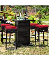 5 Pieces Patio Rattan Bar Furniture Set with Cushions and Hidden Storage Shelf